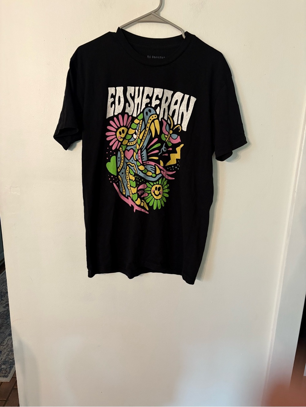 Ed Sheeran Black Short-Sleeve Graphic Tee with Colorful Floral Print